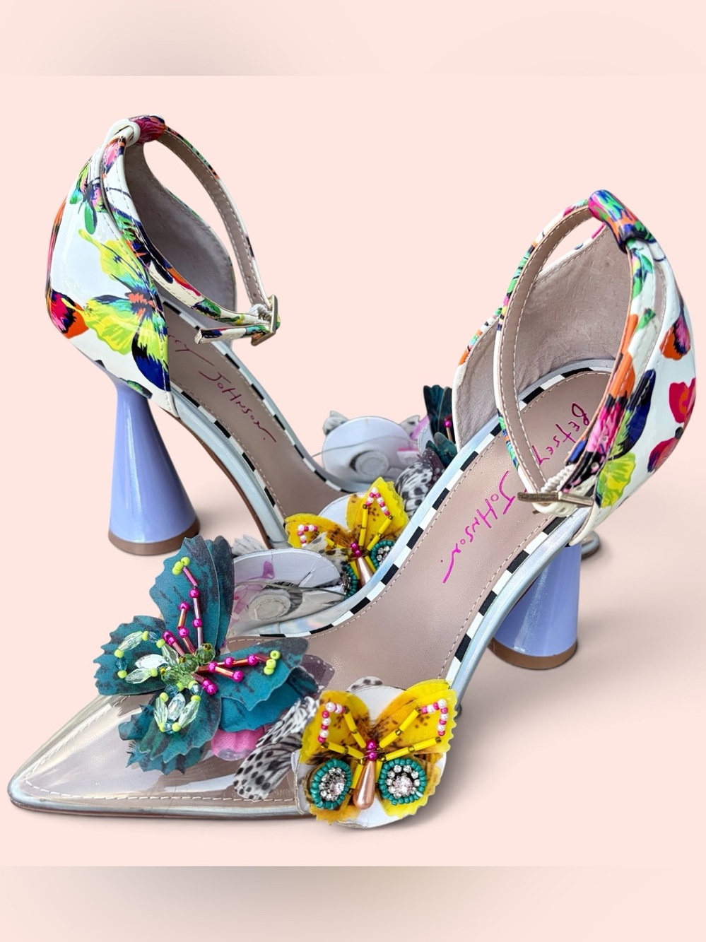 BETSEY JOHNSON Rhoda Pumps Beaded Butterfly Sandals Heels Sz 6 Whimsical EUC